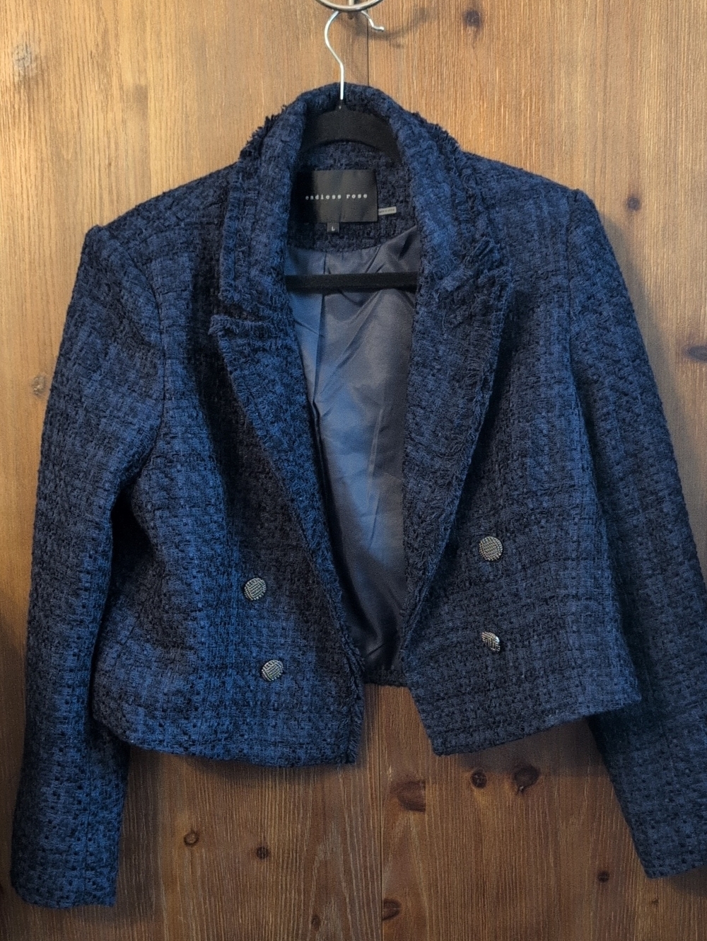 Endless Rose Cropped Navy Textured Double-Breasted Women's Blazer NWOT
